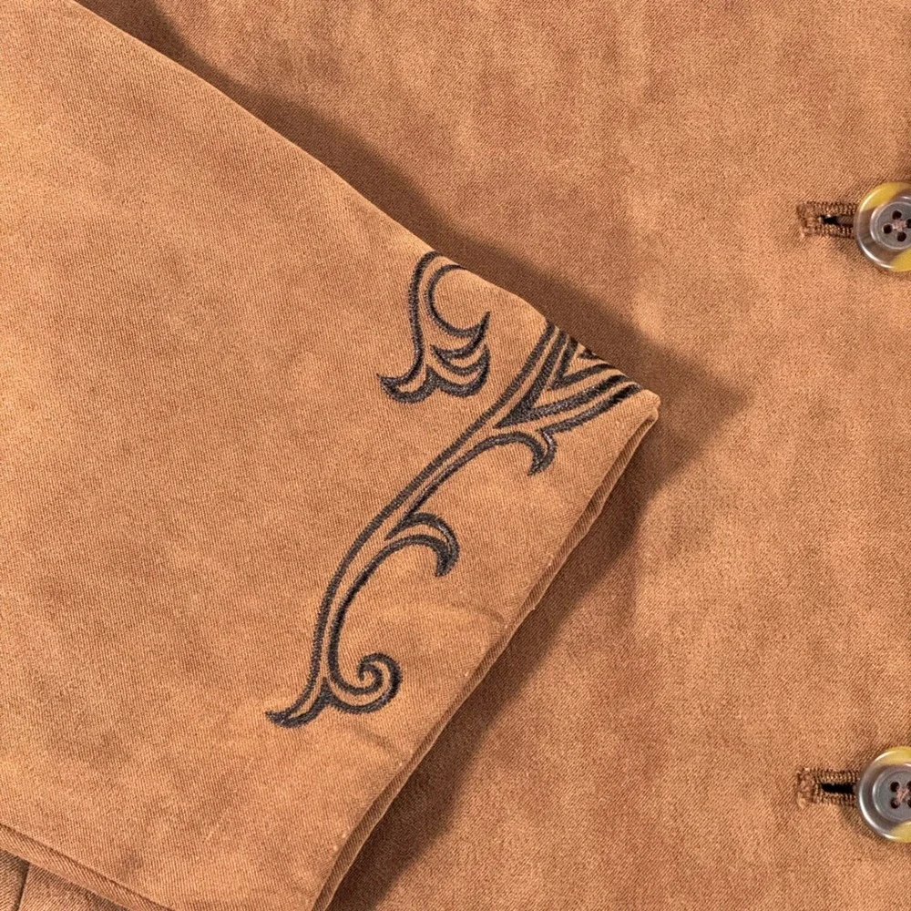 Coldwater Creek Brown Faux Suede Embroidered Button Front Jacket Large Cognac